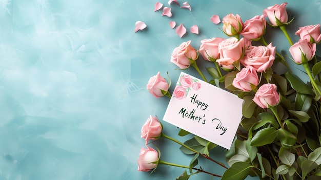 Feliz día de la madre hermosas flores en fondo rosa tarjeta de colocación plana