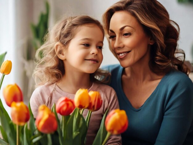 Feliz día de la madre La hija felicita a las madres y le da flores tulipanes