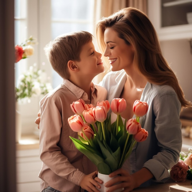 feliz día de la madre el hijo felicita a la madre por la fiesta y le da flores