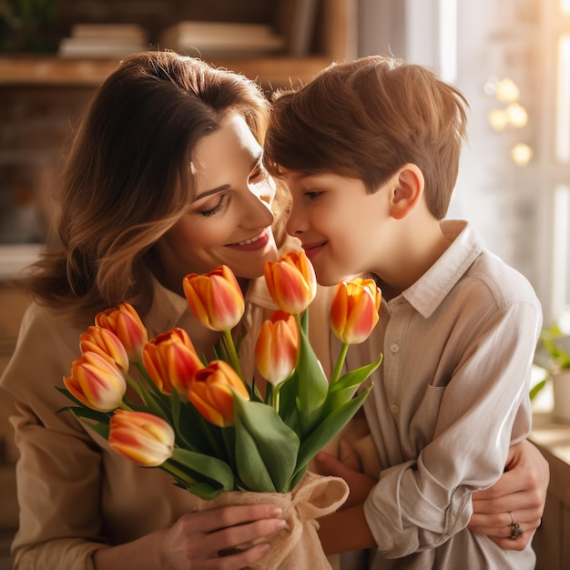 feliz día de la madre el hijo felicita a la madre por la fiesta y le da flores