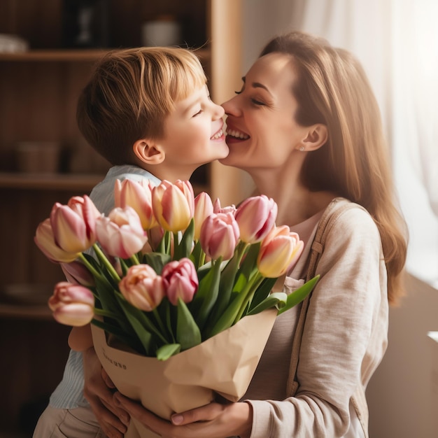 feliz día de la madre el hijo felicita a la madre por la fiesta y le da flores