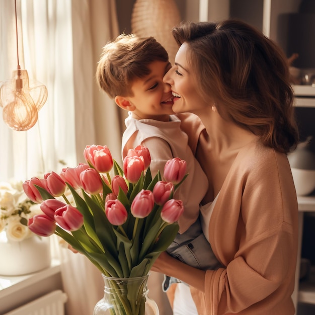 feliz día de la madre el hijo felicita a la madre por la fiesta y le da flores