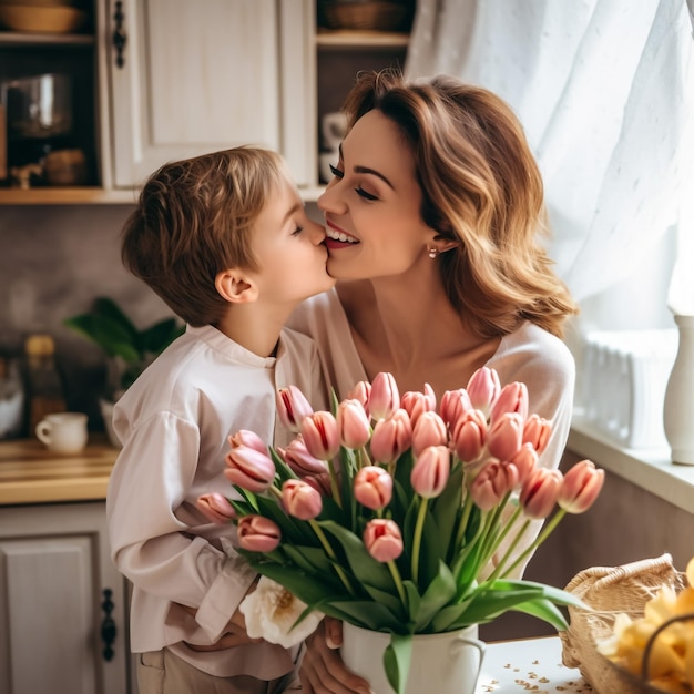 feliz día de la madre el hijo felicita a la madre por la fiesta y le da flores