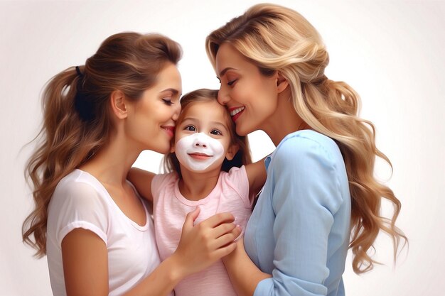 Foto feliz día de la madre con una madre y un niño tomados de la mano una joven madre besando a su hija y a sus hijas