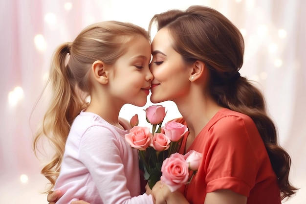 Feliz día de la madre con una madre y un niño tomados de la mano una joven madre besando a su hija y a sus hijas