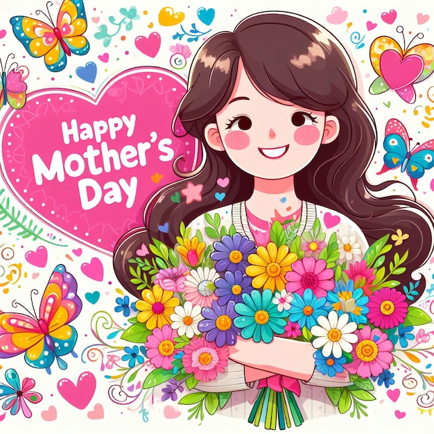 Feliz Día de la Madre con una mujer hermosa y flores