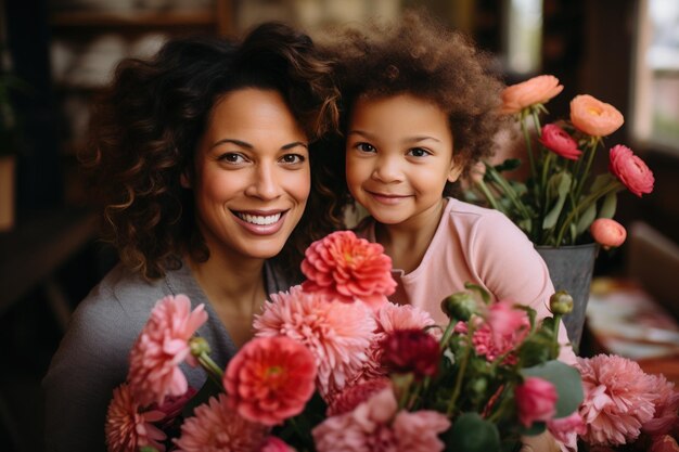 Feliz día de la madre Niño y madre sonriendo felices rodeados de una enorme variedad de flores Mercado de flores de primavera y verano con flores frescas