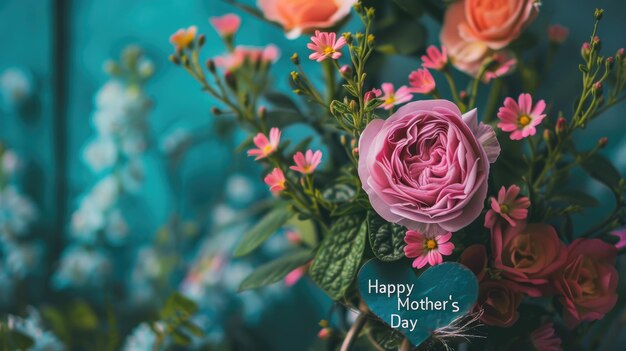 Feliz día de la madre, vaso de corazones con flores rosas.