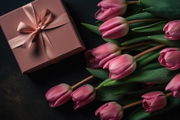 Feliz día de las madres concepto vista superior de ai generativo de tulipán rosa