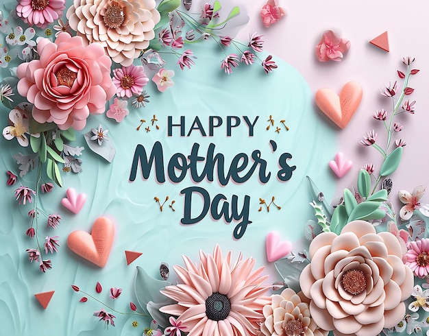 feliz día de las madres tarjeta de felicitación con flores y corazones en el estilo de magenta claro y azul del cielo