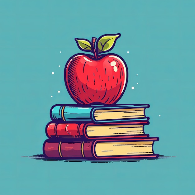 Feliz día del maestro manzana en la pila de libros