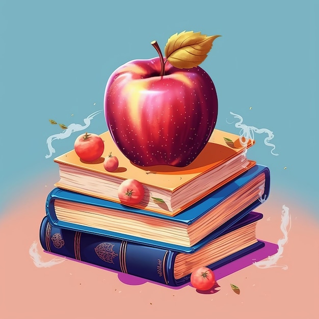 Feliz día del maestro manzana en la pila de libros