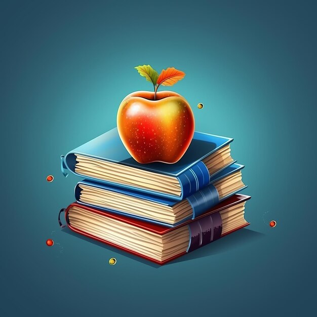 Feliz día del maestro manzana en la pila de libros