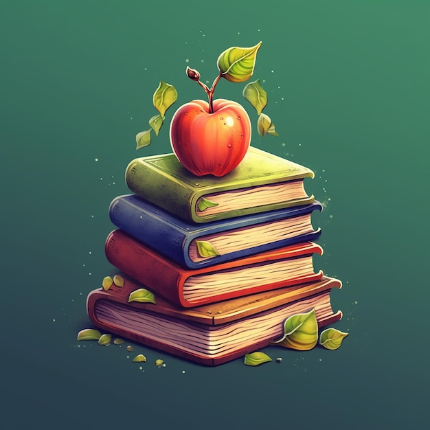 Feliz día del maestro manzana en la pila de libros