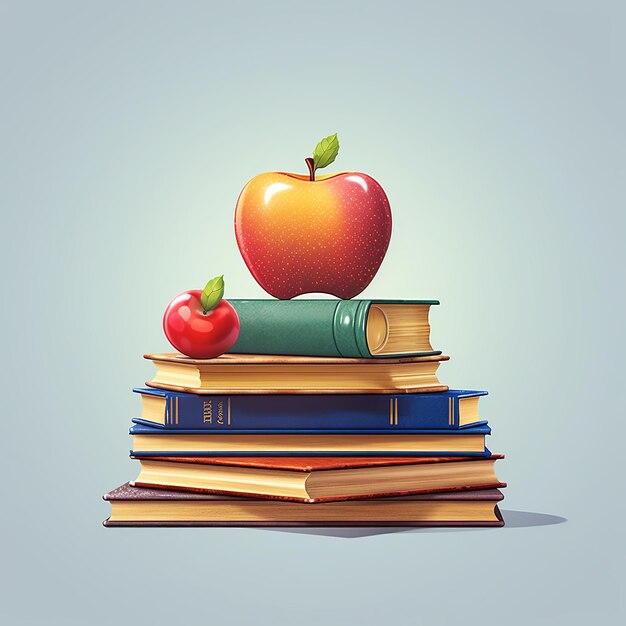 Feliz día del maestro manzana en la pila de libros