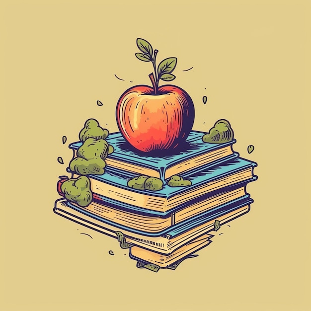 Feliz día del maestro manzana en la pila de libros