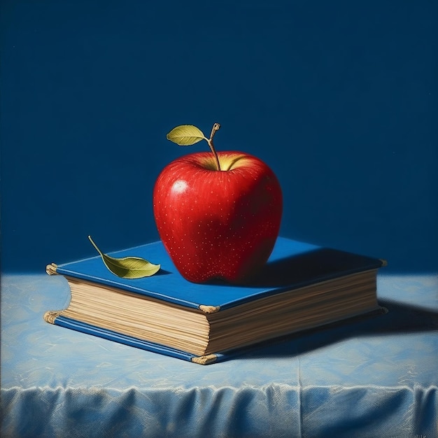 Feliz día del maestro manzana en la pila de libros