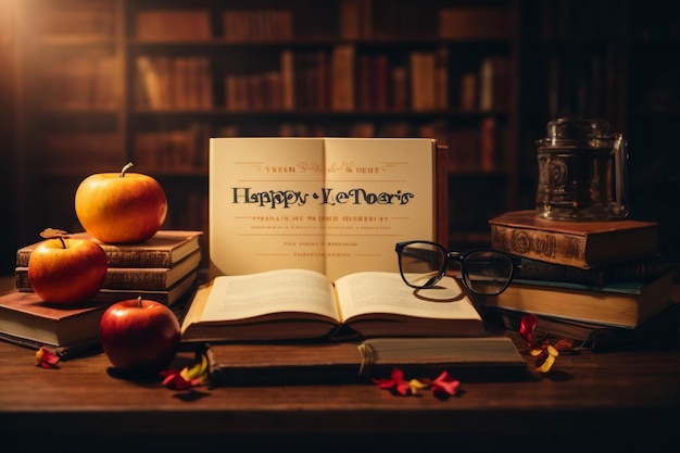 Feliz día del maestro Una pila de libros con gafas y bolígrafo en el fondo de la pizarra Vect dibujado con tiza