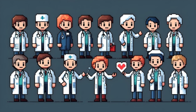 Feliz Día de los Médicos una caricatura de un grupo de médicos con un corazón en el frente