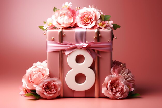 Feliz día de la mujer decorado con flores de primavera caja de regalo en un fondo rosa