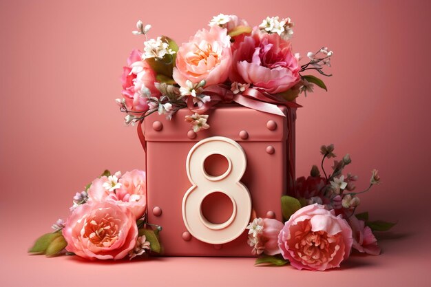 Foto feliz día de la mujer decorado con flores de primavera caja de regalo en un fondo rosa