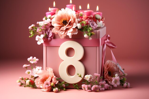 Foto feliz día de la mujer decorado con flores de primavera caja de regalo en un fondo rosa
