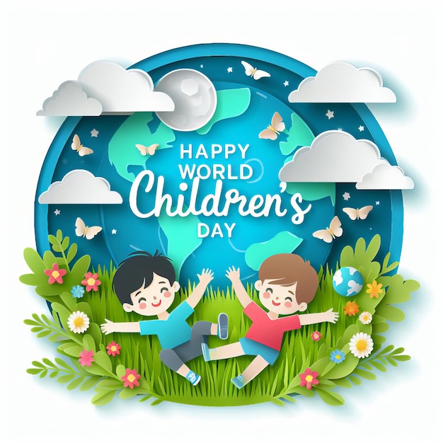 Feliz Dia Mundial da Criança Ilustração de crianças pequenas estilo de corte de papel Generative Ai.