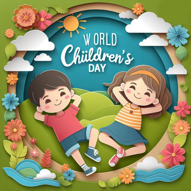 Foto feliz dia mundial da criança ilustração de crianças pequenas estilo de corte de papel generative ai