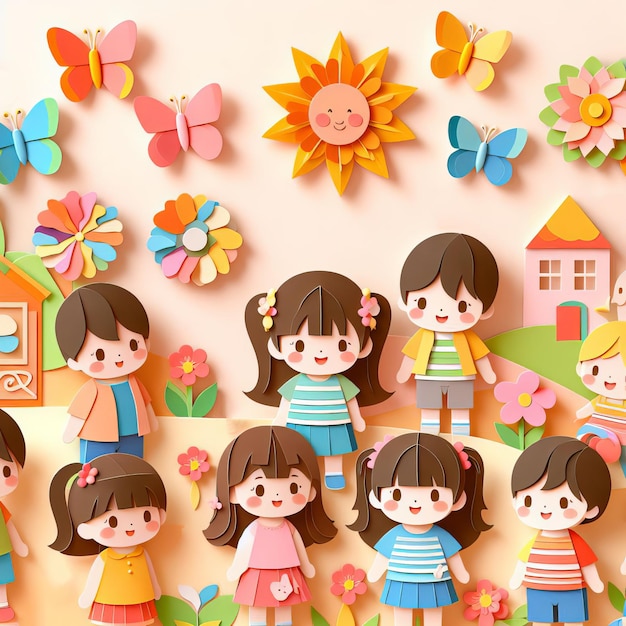 Feliz día mundial de la infancia Ilustración de niños pequeños estilo de corte de papel Generativo Ai.