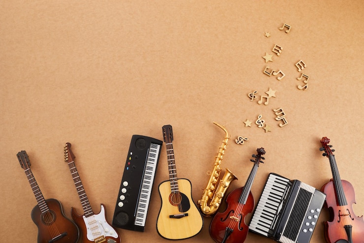 Foto feliz día mundial de la música instrumentos musicales sobre fondo marrón