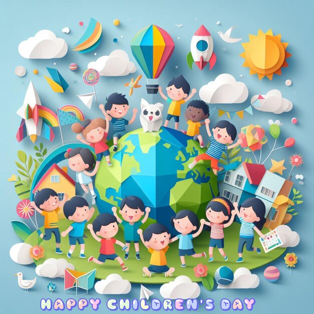 Feliz día de los niños para los niños celebración ilustración Día de los niños papel artesanía unidad