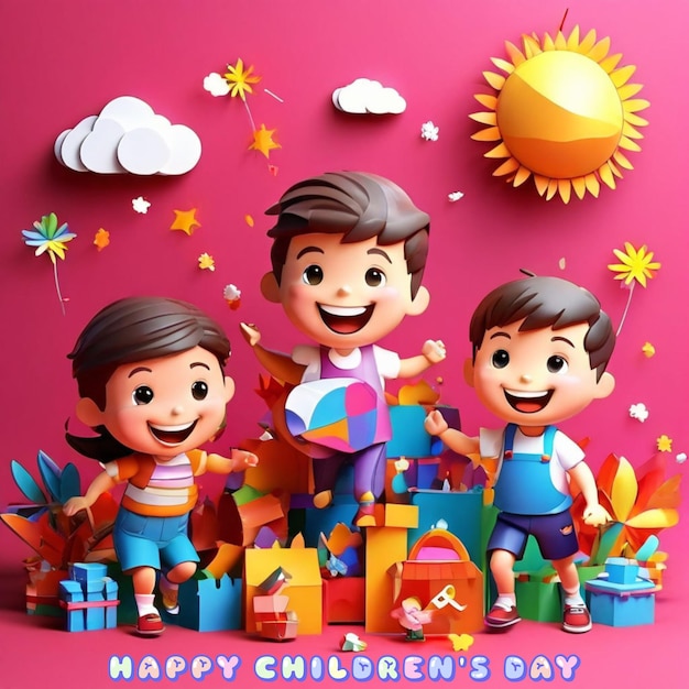 Foto feliz día de los niños para los niños celebración ilustración día de los niños papel artesanía unidad
