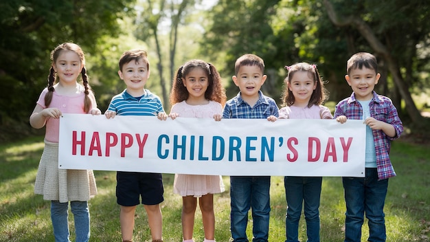 Feliz Día de los Niños Niños con una pancarta feliz texto del día de los niños Generativo ai