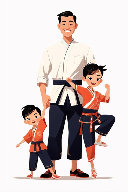 Feliz día del padre celebración del padre un hombre y dos niños en uniformes de karate
