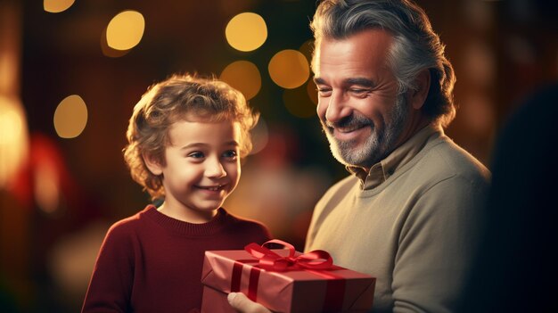 Feliz día del padre Niño felicitando a papá y dándole una caja de regalos