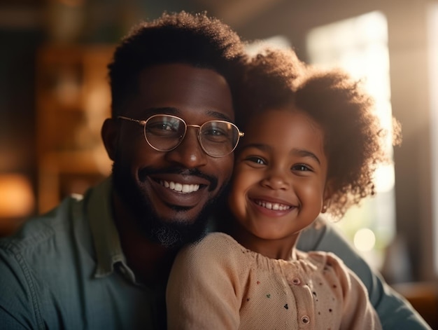 Feliz día del padre padre afroamericano e hija sonriendo felizmente