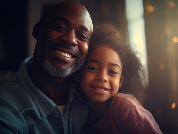 Feliz día del padre padre afroamericano e hija sonriendo felizmente