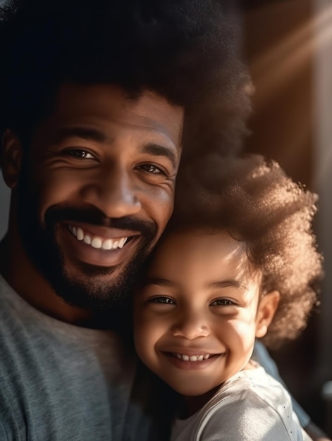 Feliz día del padre padre afroamericano e hija sonriendo felizmente