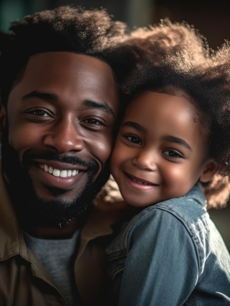 Feliz día del padre padre afroamericano e hija sonriendo felizmente