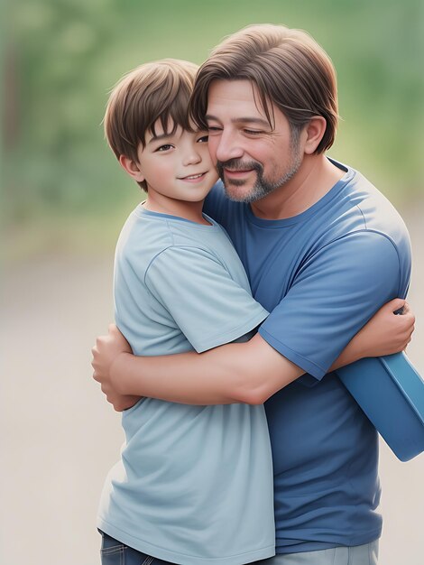 Foto feliz día del padre con el padre y el niño abrazándose en el agua