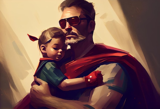Feliz Día del Padre Un papá disfrazado de superhéroe sostiene a una hija Generate Ai