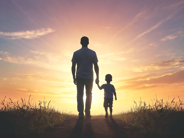 feliz día del padre con la silueta de padre e hijo caminando al atardecer