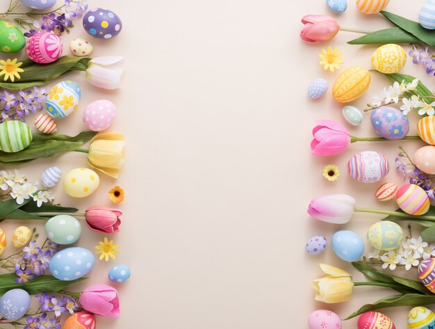 Feliz día de Pascua coloridos huevos y decoración floral en papel