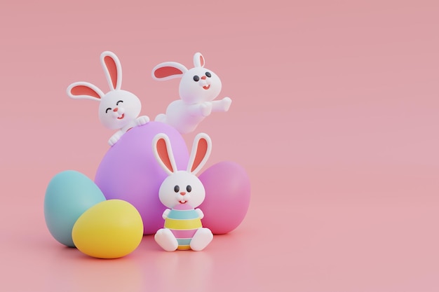 Feliz día de Pascua Huevos de Pascua coloridos con conejito lindo Celebración internacional de primavera Representación 3d