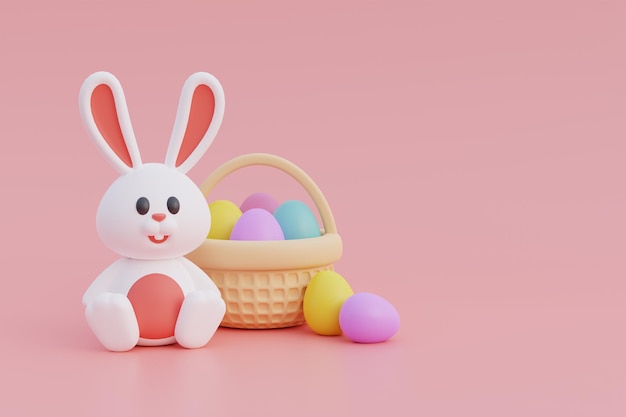 Feliz día de Pascua Huevos de Pascua coloridos con conejito lindo Celebración internacional de primavera Representación 3d