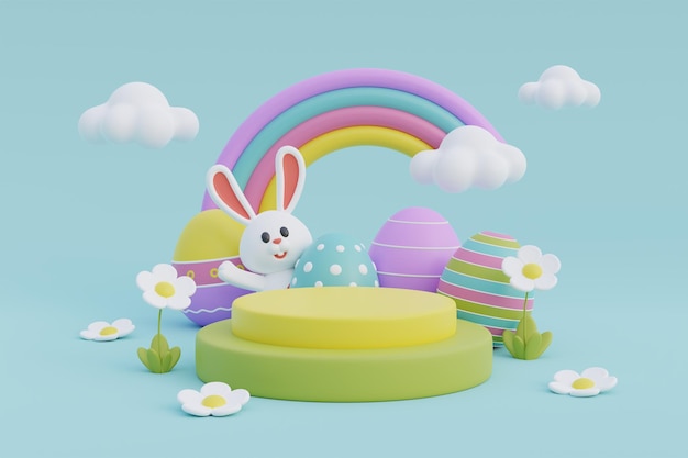 Feliz día de Pascua Huevos de Pascua coloridos con flores y conejo lindo Celebración Internacional de la Primavera renderización 3d