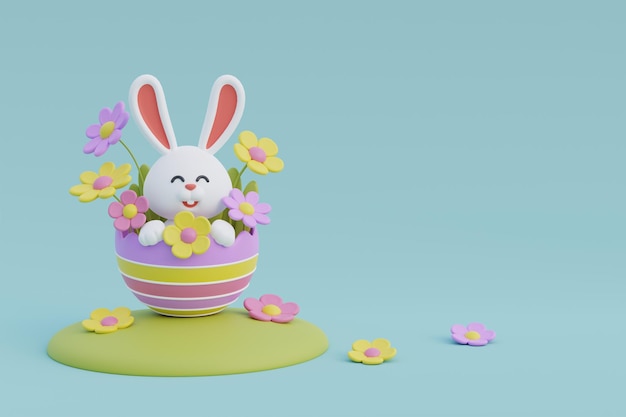 Feliz día de Pascua Huevos de Pascua coloridos con flores y conejo lindo Celebración Internacional de la Primavera renderización 3d