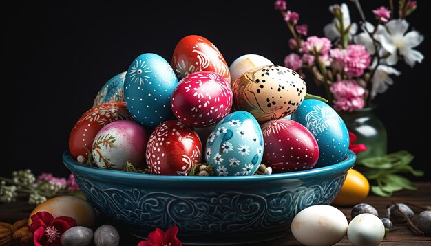 Feliz día de Pascua con huevos de Pascua decorativos en una canasta