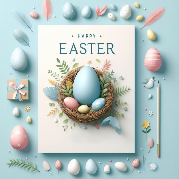 Feliz día de Pascua Huevos de Pascua y flores sobre un fondo azul con una feliz tarjeta de Pascua