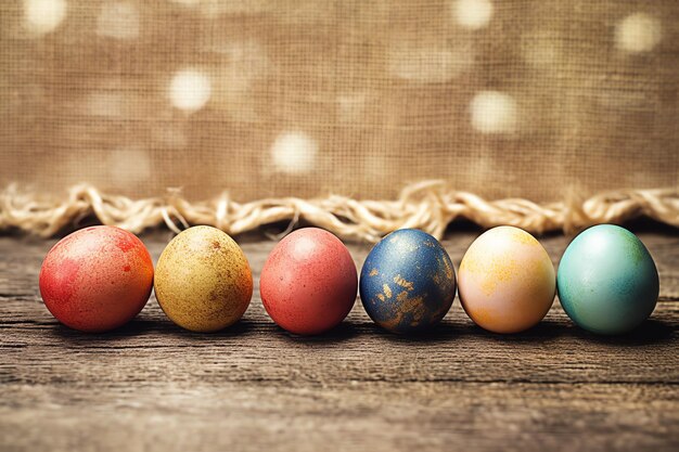 Feliz día de Pascua con huevos pintados de colores en la canasta o nido en fondo de madera o espacio de copia